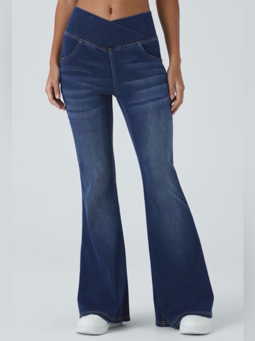 Halara Jeans Crossover Flex High Waisted Flare Dark Blue Stretchy Wide Leg Denim